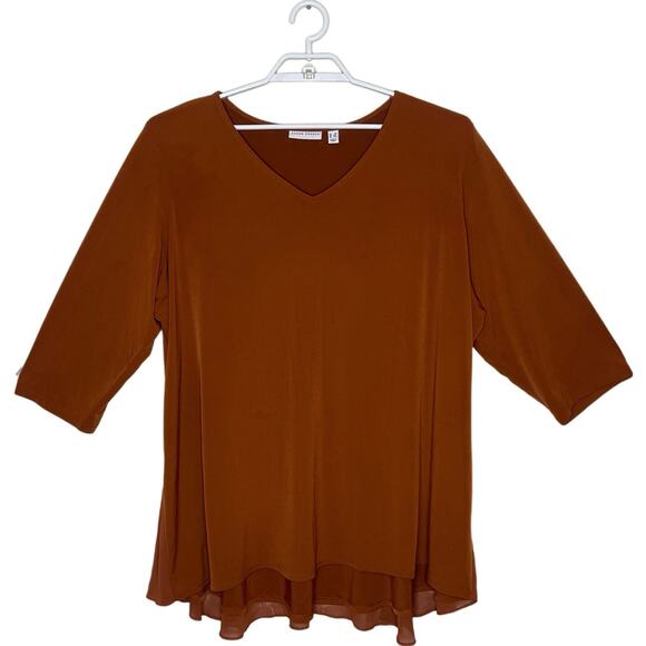 SUSAN GRAVER Burnt Orange Liquid Knit‎ Chiffon Flowy Back Blouse Tunic Boho 3X - Picture 1 of 9